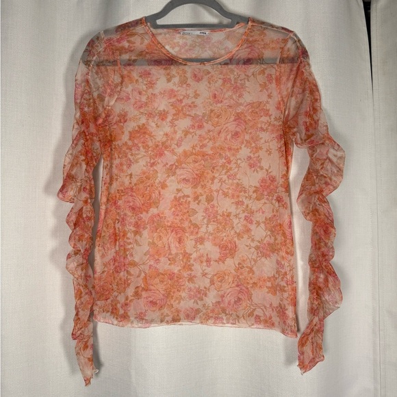 Zara Sheer Mesh Red Orange Pink Floral Long Sleeve Top Medium - Picture 5 of 9